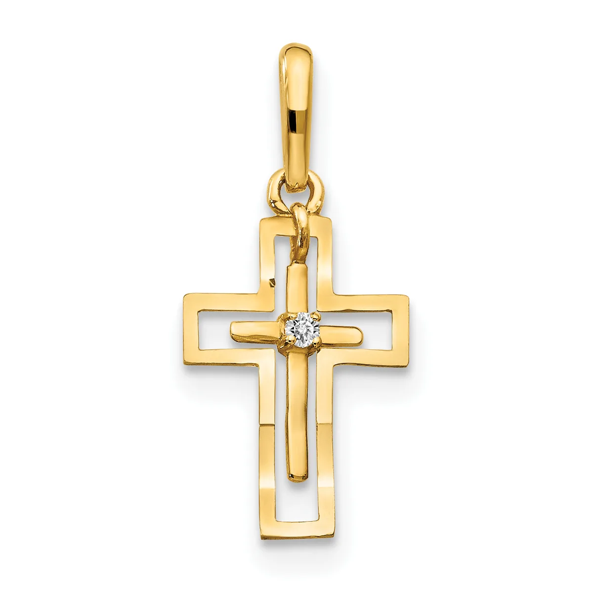 Gold double cross pendant with a small round diamond at the center intersection, suspended from a gold bail.