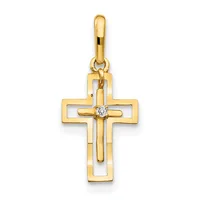 Gold double cross pendant with a small round diamond at the center intersection, suspended from a gold bail.