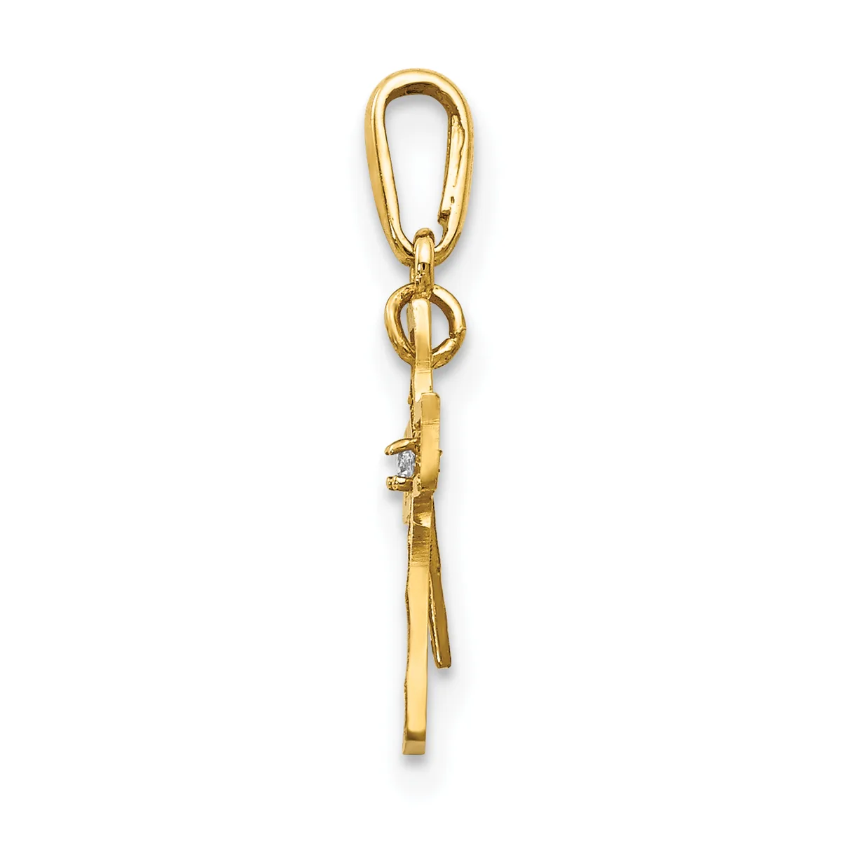 Gold-toned metal pendant charm hanging from a carabiner-style clip, featuring a small circular connector ring and an elongated rectangular tapered body.