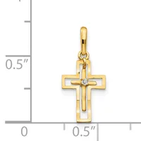 Gold cross pendant with a diamond at the center, shown next to a ruler indicating it is approximately one-half inch in width and height.