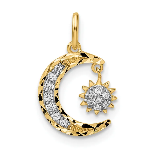 Gold crescent moon pendant with diamond accents and a dangling sun charm, shown against a white background.