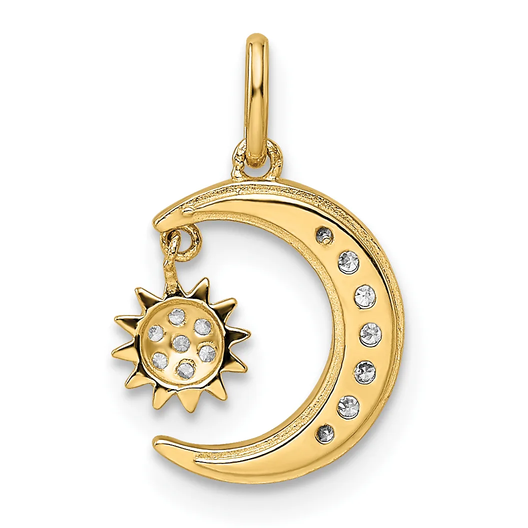 Gold pendant featuring a crescent moon set with diamonds and a dangling sun charm with diamond accents, suspended from a bail loop.