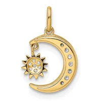 Gold pendant featuring a crescent moon set with diamonds and a dangling sun charm with diamond accents, suspended from a bail loop.
