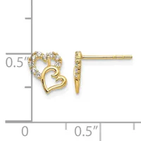 Pair of gold heart stud earrings with cubic zirconia stones set in the upper heart outline, shown next to a ruler indicating approximately 0.5 inches in length.