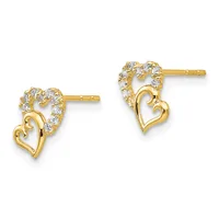 Pair of gold heart stud earrings with diamond accents on posts and backs, shown from the front.