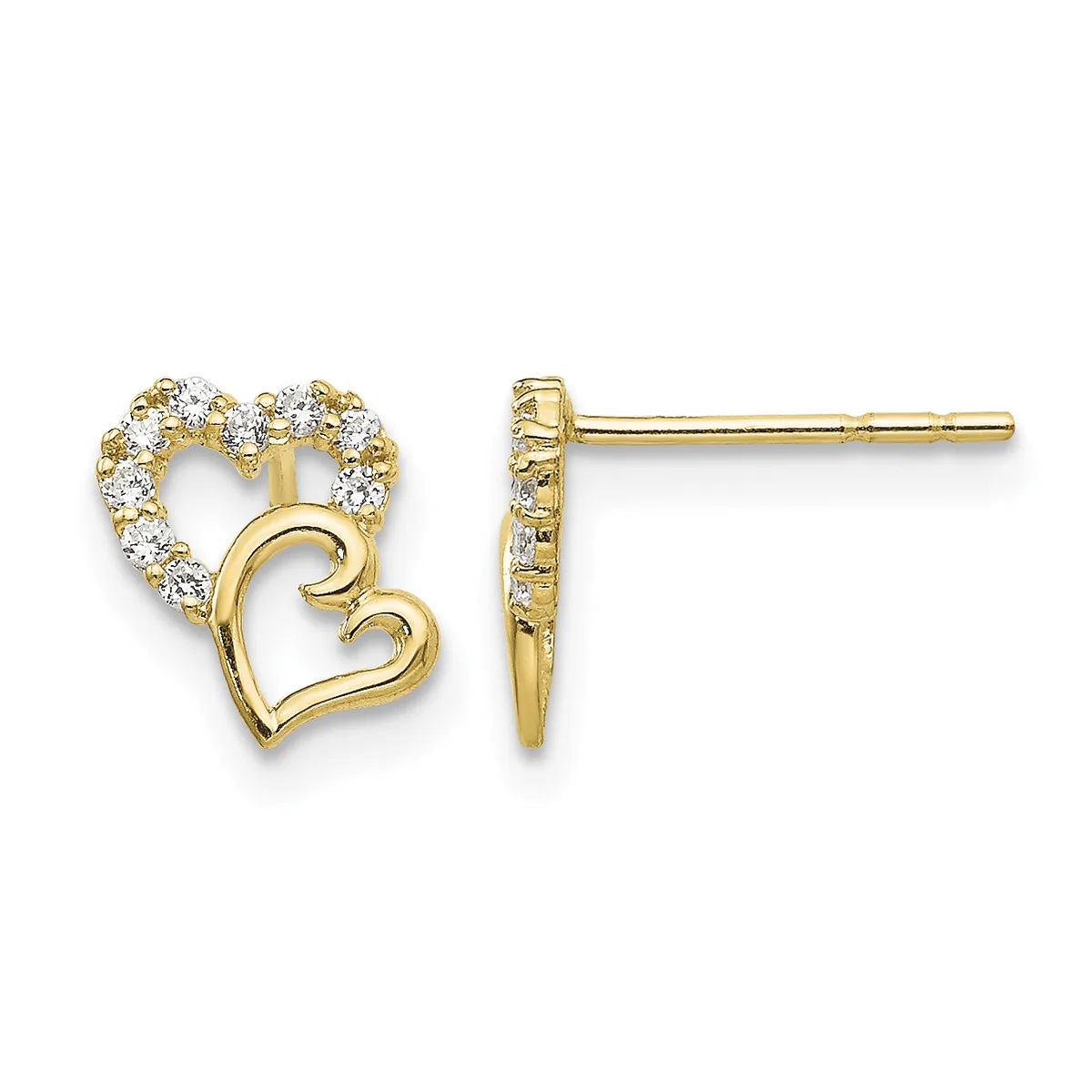 Pair of gold heart stud earrings with cubic zirconia stones set around the outer edge of the upper heart and smooth polished gold lower heart.