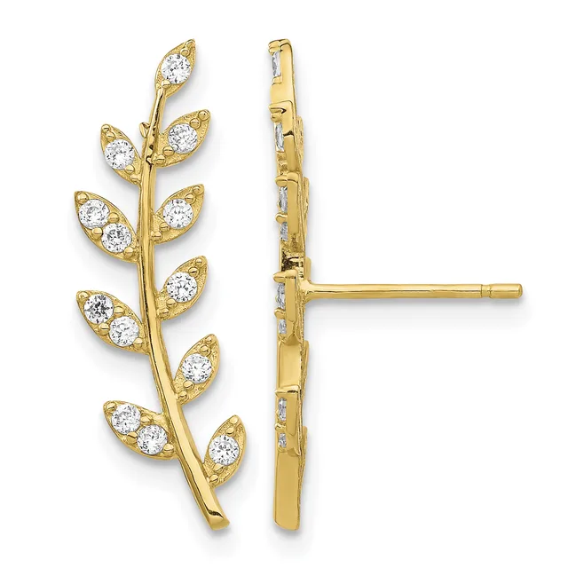 A pair of gold stud earrings shaped like leafy branches, each decorated with multiple round diamond stones set in leaf-shaped bezels along a curved stem, shown from front and back views.