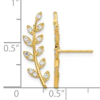 Pair of gold leaf-shaped stud earrings with cubic zirconia stones, shown front and back view with measurement scale indicating approximately one inch in length.