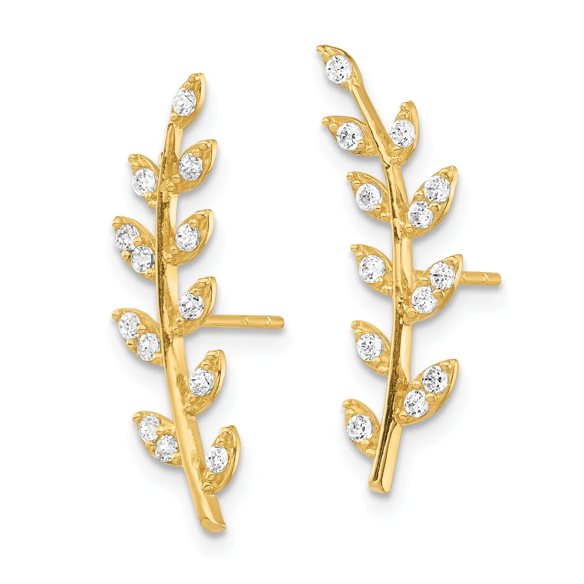 Pair of gold leaf-shaped stud earrings with diamond accents arranged vertically along a curved branch stem.