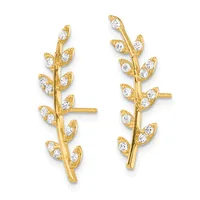 Pair of gold leaf-shaped stud earrings with diamond accents arranged vertically along a curved branch stem.