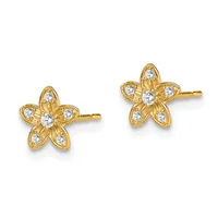 Pair of gold-tone flower stud earrings with five petals each, set with clear cubic zirconia stones and small hallmarks on the posts.