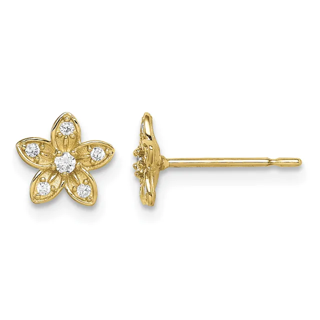 Pair of gold flower stud earrings with five petals each, set with round white diamonds, shown from front and side views.