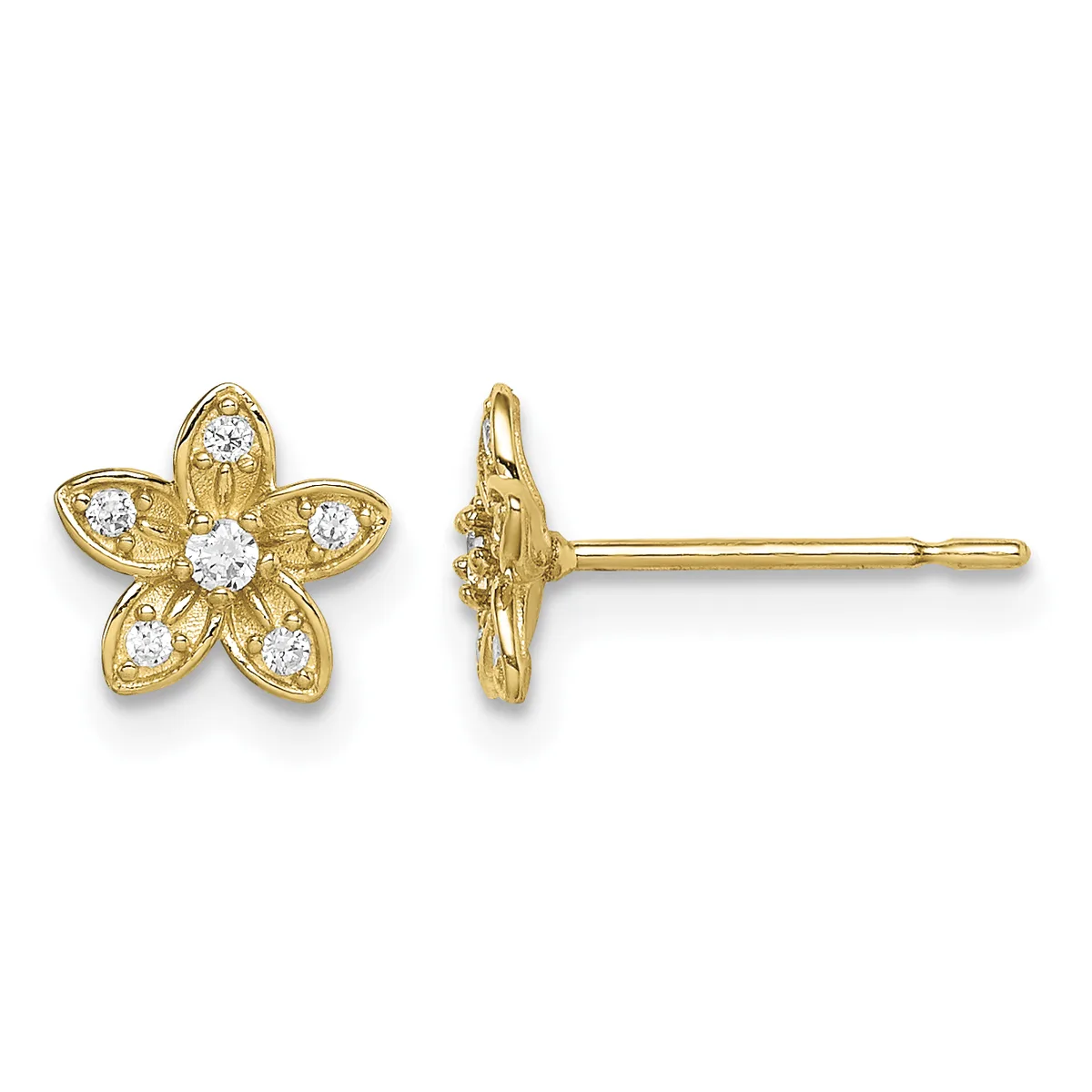 Pair of gold flower stud earrings with five petals each, set with round white diamonds, shown from front and side views.