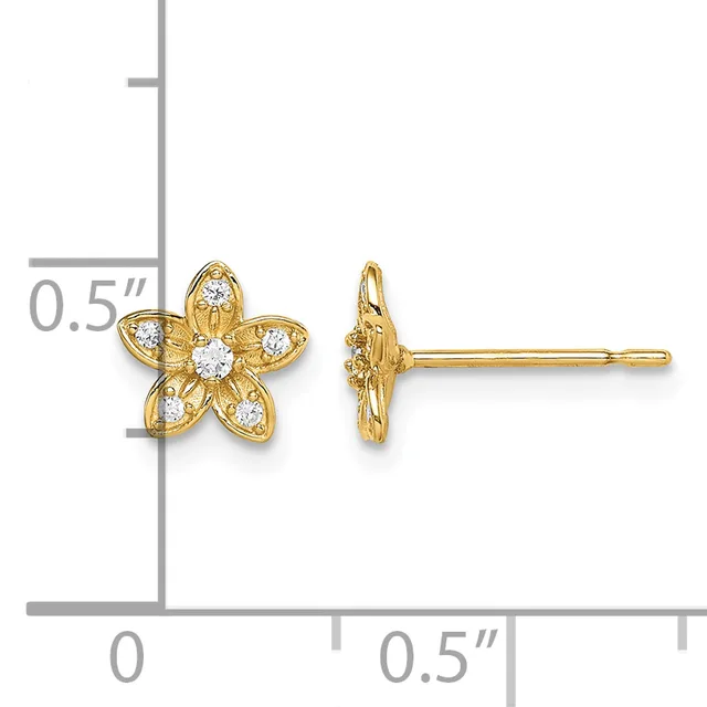Gold flower-shaped stud earrings with five petals, each set with a round white stone, shown from front and side views next to a measurement scale.