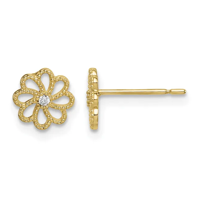 A pair of gold flower-shaped stud earrings with textured petals and small diamond centers, shown from front and side views.