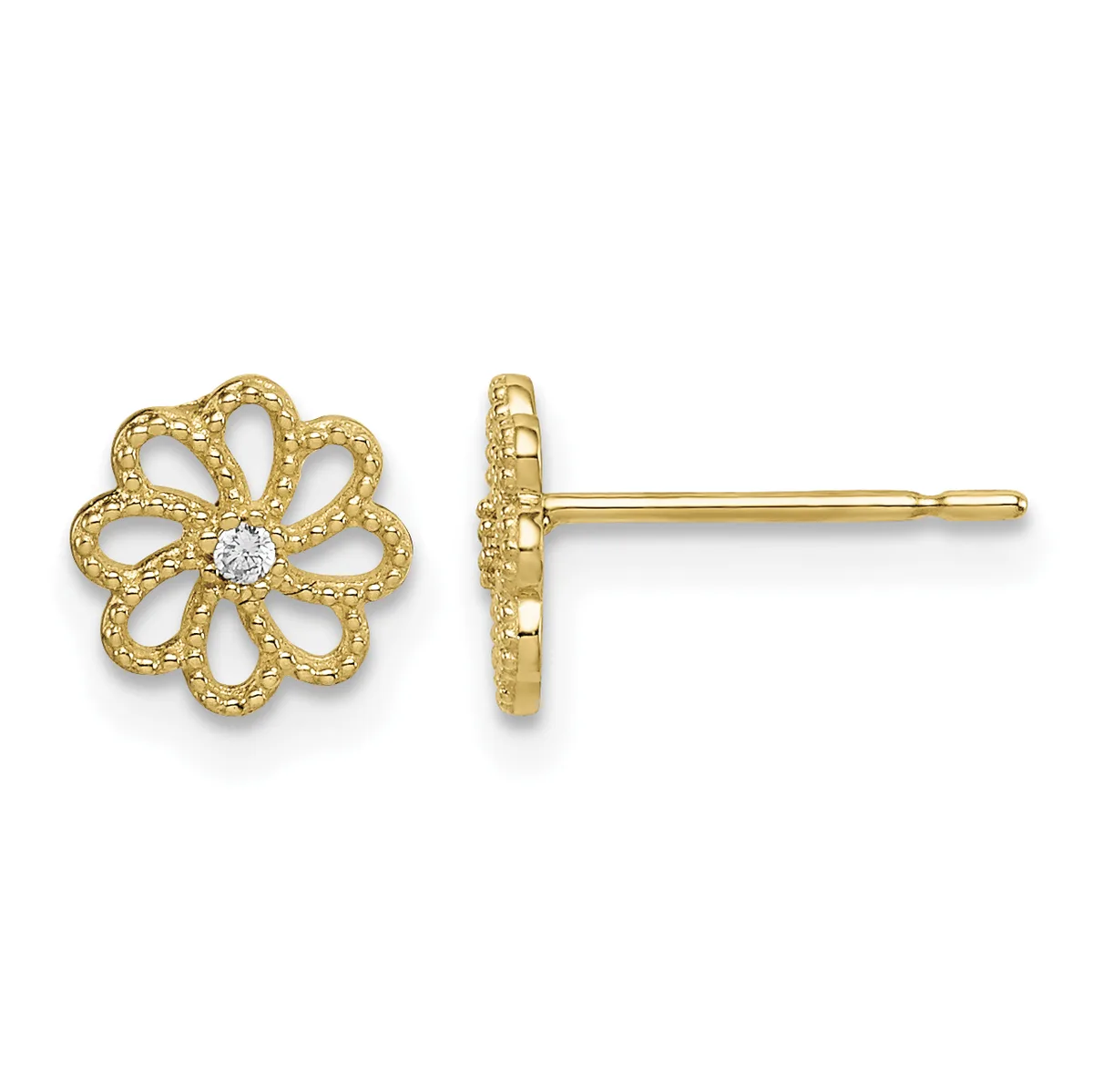 A pair of gold flower-shaped stud earrings with textured petals and small diamond centers, shown from front and side views.