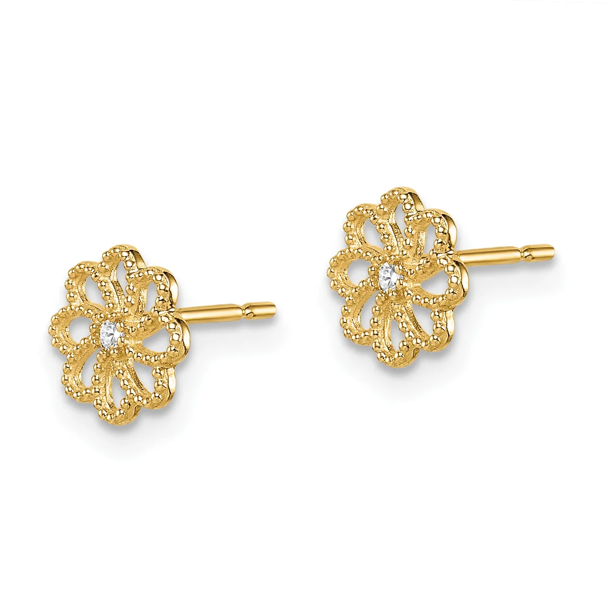 Pair of gold filigree flower stud earrings with small diamond accents, shown from the front on a white background.
