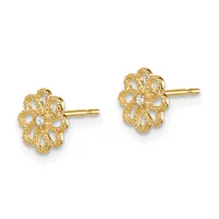 Pair of gold filigree flower stud earrings with small diamond accents, shown from the front on a white background.