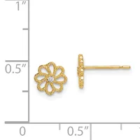 Gold flower stud earrings with textured petals and a small round diamond in the center, shown against a measurement scale.