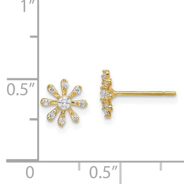 Pair of gold stud earrings with daisy flower design set with round cubic zirconia stones, shown next to a measurement scale.