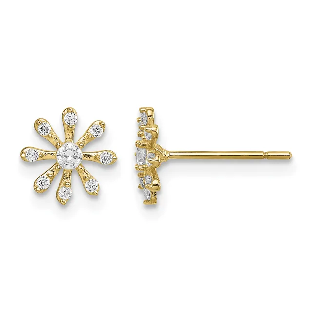 Pair of gold flower-shaped stud earrings with cubic zirconia stones, shown from front and side views.