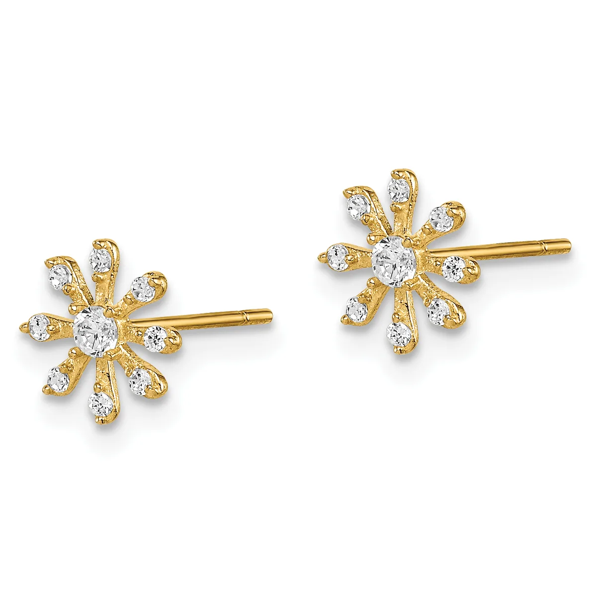 Pair of gold stud earrings with daisy flower designs featuring round white cubic zirconia stones arranged around central stones, shown from the front.