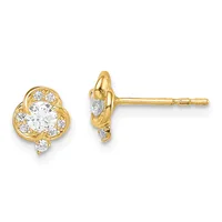Pair of gold stud earrings with floral design featuring a central round cubic zirconia surrounded by smaller stones, shown from front and side views.