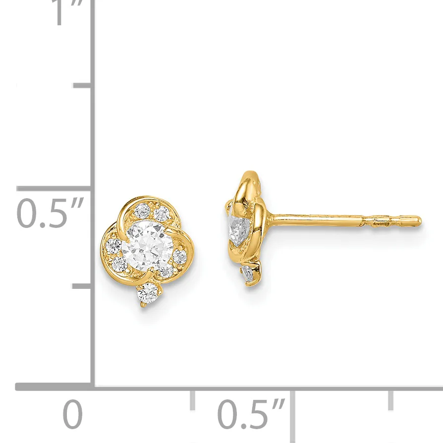 Pair of gold stud earrings featuring round clear gemstones surrounded by smaller diamonds in a four-petal flower design, shown against a measurement scale.