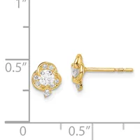 Pair of gold stud earrings featuring round clear gemstones surrounded by smaller diamonds in a four-petal flower design, shown against a measurement scale.