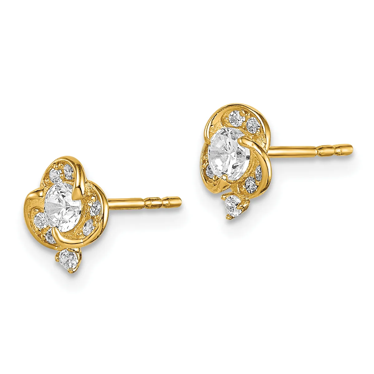 Pair of gold stud earrings with oval-cut clear stones surrounded by smaller round diamonds in an ornate setting with posts and backs.