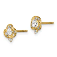 Pair of gold stud earrings with oval-cut clear stones surrounded by smaller round diamonds in an ornate setting with posts and backs.