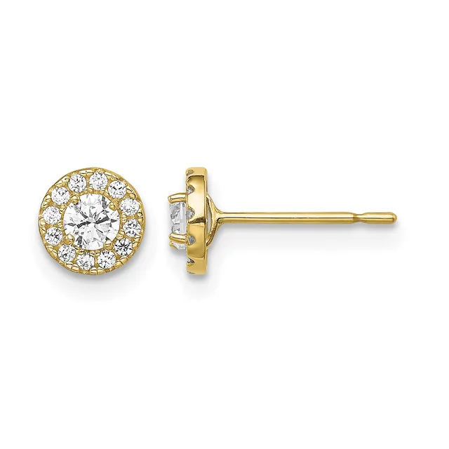 A pair of gold stud earrings with round halos of small diamonds surrounding larger round diamonds in the center, shown from front and side views.
