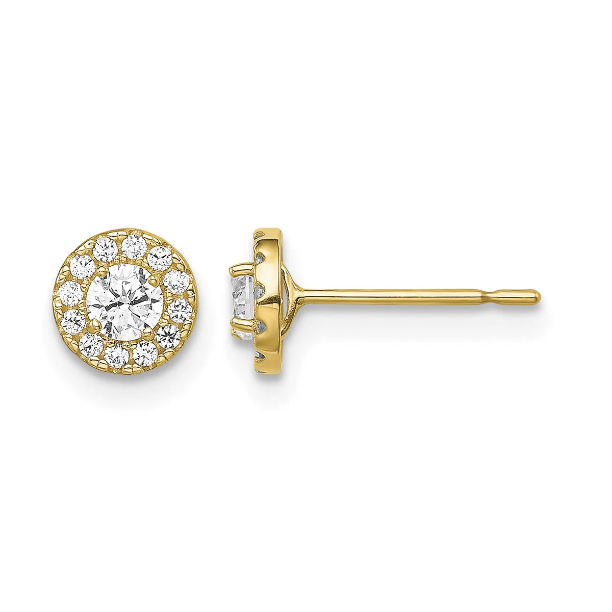 A pair of gold stud earrings with round halos of small diamonds surrounding larger round diamonds in the center, shown from front and side views.