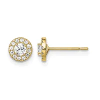A pair of gold stud earrings with round halos of small diamonds surrounding larger round diamonds in the center, shown from front and side views.