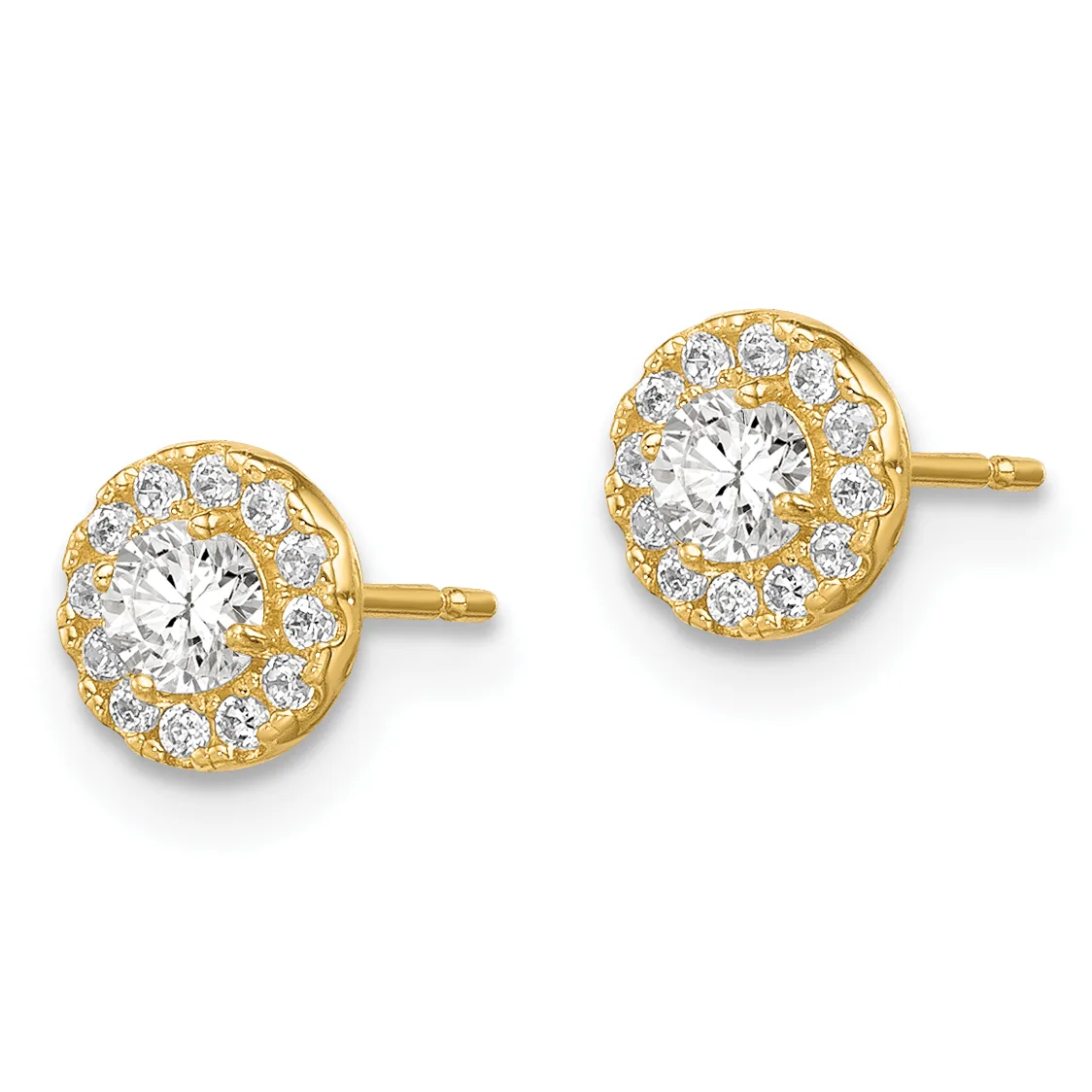 Pair of gold stud earrings with round halos of small diamonds surrounding larger round diamonds in the centers.