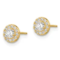 Pair of gold stud earrings with round halos of small diamonds surrounding larger round diamonds in the centers.