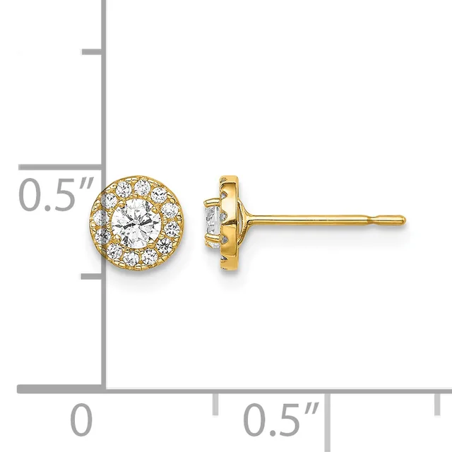 A pair of gold stud earrings with round halos of diamonds surrounding larger central diamonds, displayed next to a measurement scale.