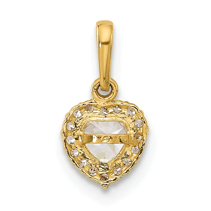 Gold heart-shaped pendant with a clear faceted stone center surrounded by small rhinestones and an ornate textured border, suspended from a gold bail.