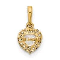 Gold heart-shaped pendant with a clear faceted stone center surrounded by small rhinestones and an ornate textured border, suspended from a gold bail.