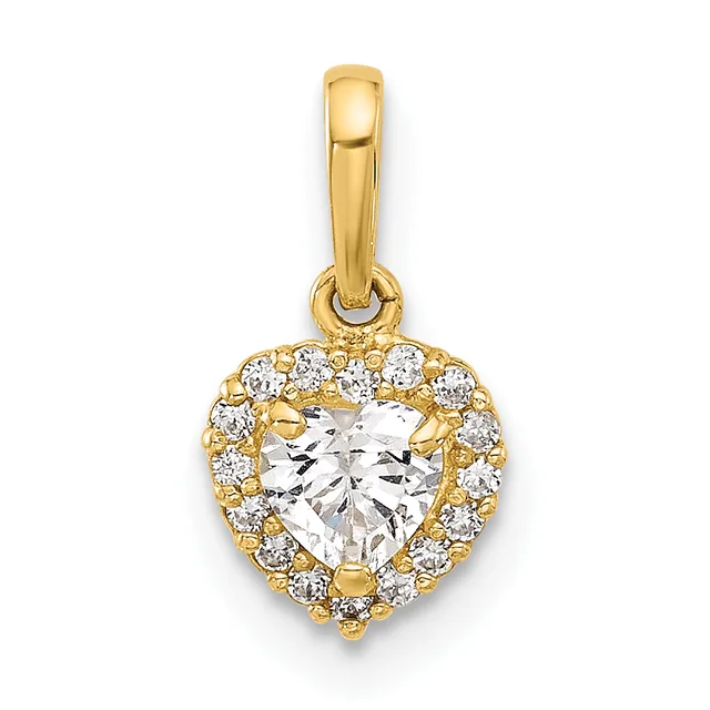 Gold heart-shaped pendant with a clear faceted stone center surrounded by smaller diamonds in a halo setting, suspended from a gold bail.