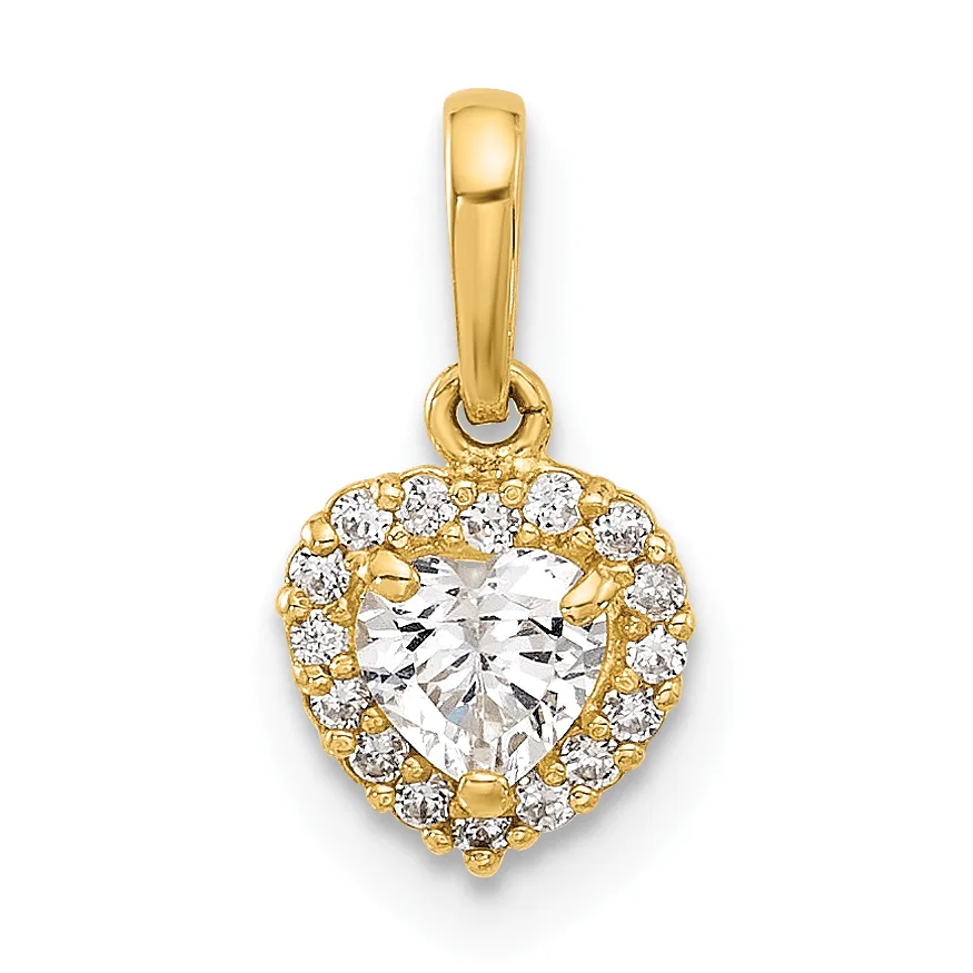 Gold heart-shaped pendant with a clear faceted stone center surrounded by smaller diamonds in a halo setting, suspended from a gold bail.