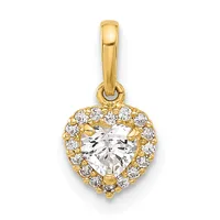 Gold heart-shaped pendant with a clear faceted stone center surrounded by smaller diamonds in a halo setting, suspended from a gold bail.
