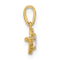 A gold pendant charm featuring an ornate rectangular setting with a clear rectangular stone, suspended from a gold oval loop bail.