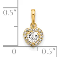Gold heart-shaped pendant with a faceted clear cubic zirconia center surrounded by smaller cubic zirconia stones, shown next to a measurement scale indicating approximately 0.5 inches in height.