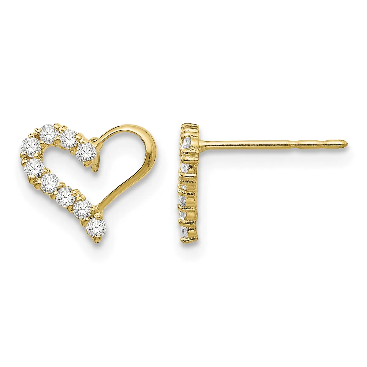 A pair of gold heart-shaped stud earrings with diamond accents along the curved outline, shown from front and side views.