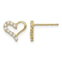 A pair of gold heart-shaped stud earrings with diamond accents along the curved outline, shown from front and side views.