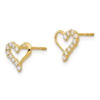 A pair of gold heart-shaped stud earrings with cubic zirconia stones set along the outline, shown from the front.