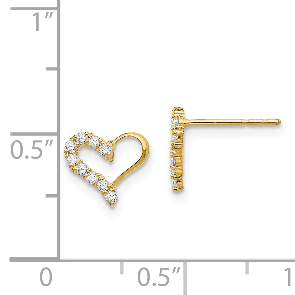 Gold heart stud earring with cubic zirconia stones and a gold bar stud earring, displayed on a measurement scale showing approximately half an inch in height.