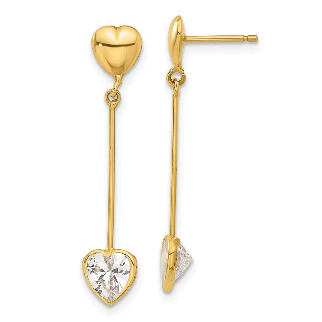 Pair of gold dangle earrings with a heart-shaped stud at the top and a cubic zirconia heart charm suspended below by a thin chain, shown from front and back views.