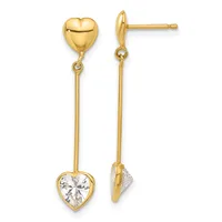 Pair of gold dangle earrings with a heart-shaped stud at the top and a cubic zirconia heart charm suspended below by a thin chain, shown from front and back views.